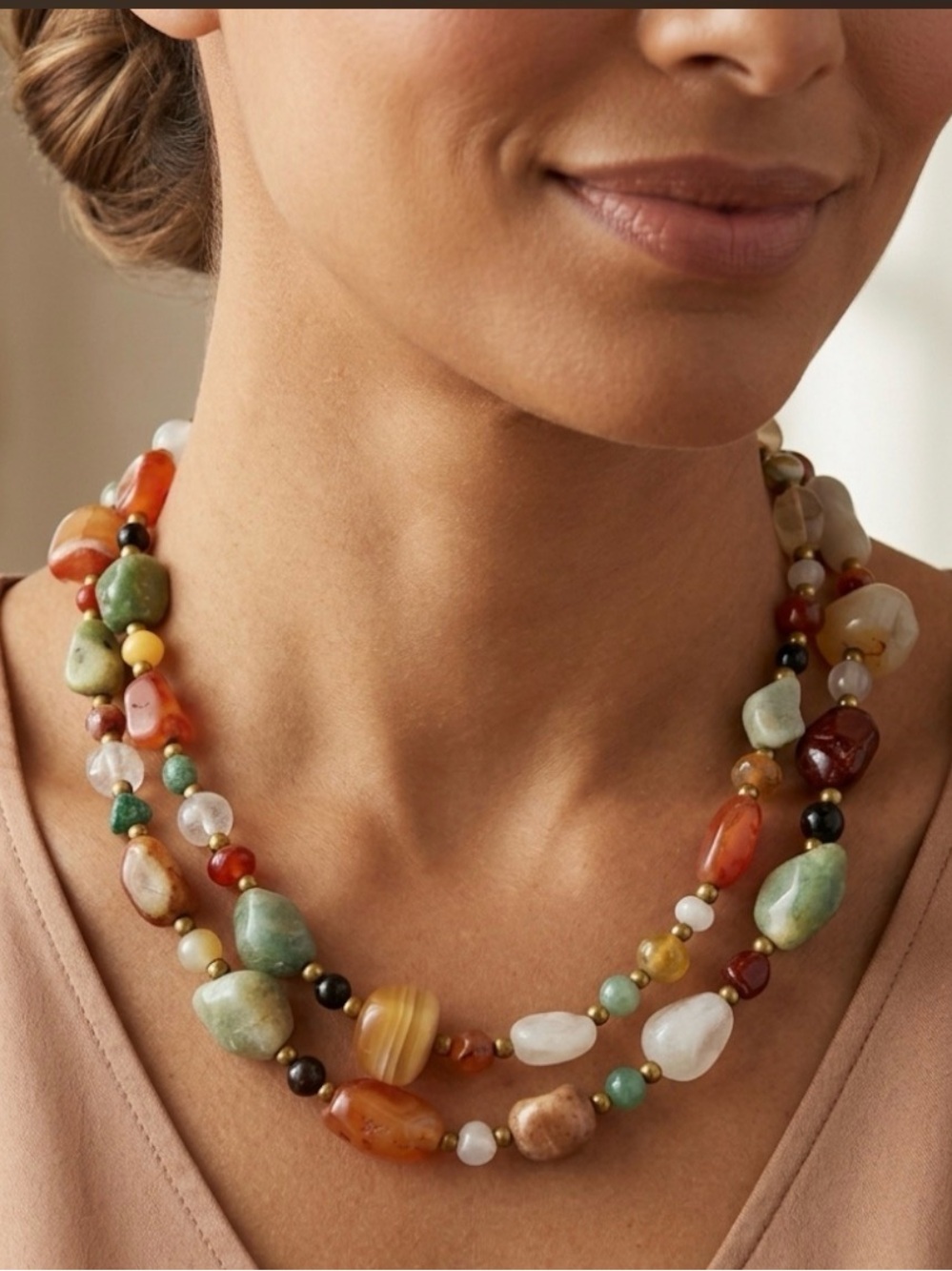 Multicolor Beaded Stone and Gold Necklace